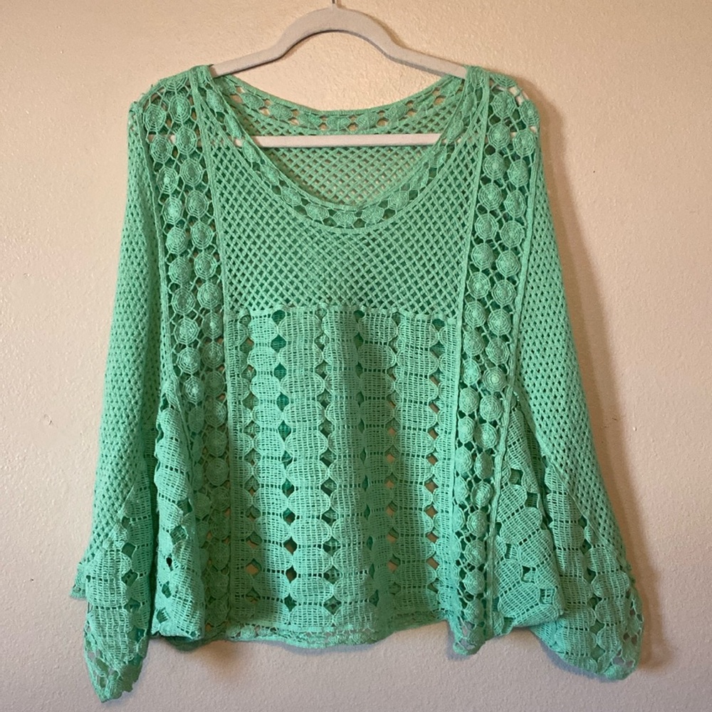 Sea Green sheer crochet sweater